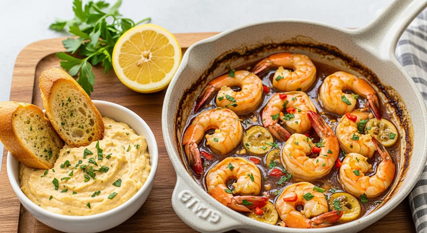 Garlic butter shrimp scampi in a skillet served with creamy garlic dip and toasted baguette slices.