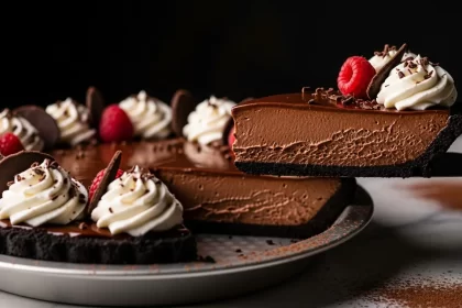 Decadent slice of chocolate cream pie with silky smooth filling and whipped cream topping.