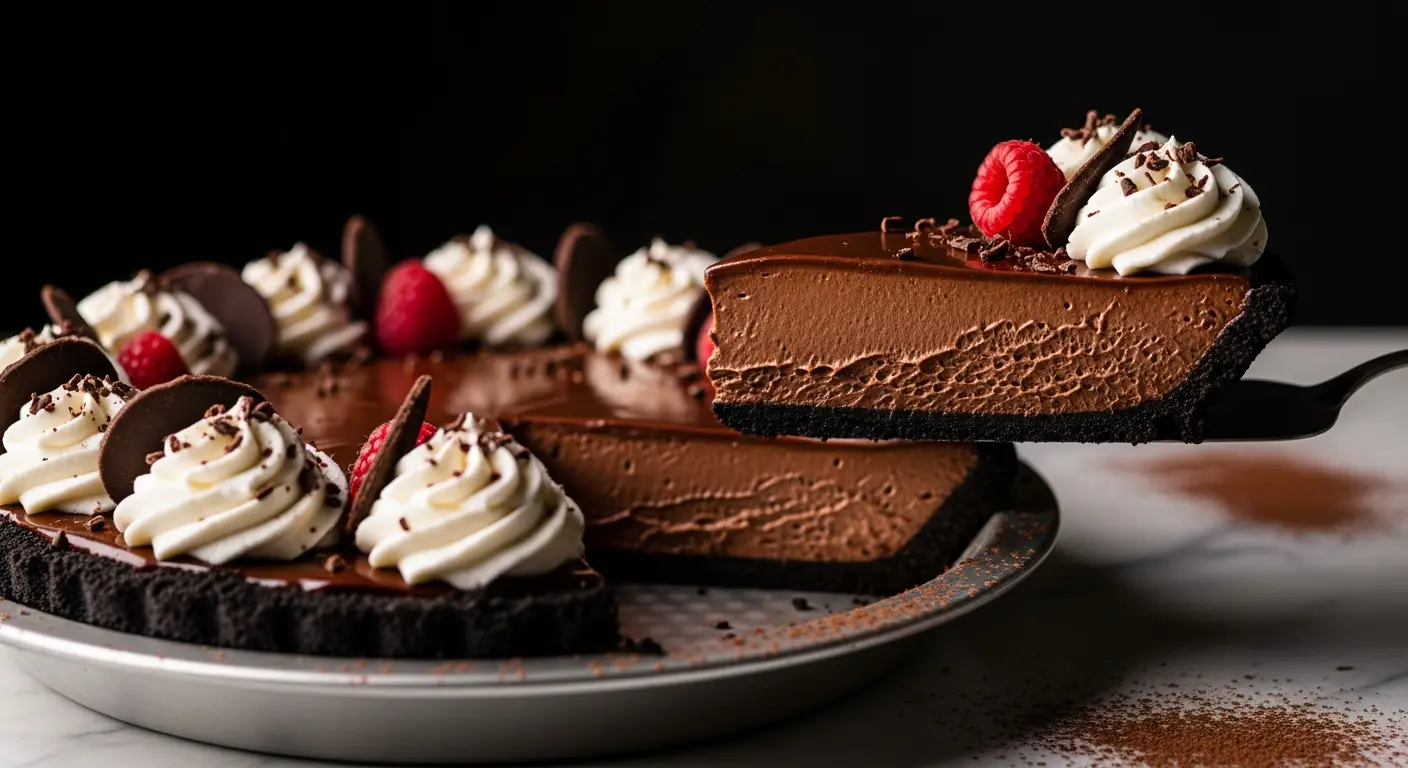 Decadent slice of chocolate cream pie with silky smooth filling and whipped cream topping.
