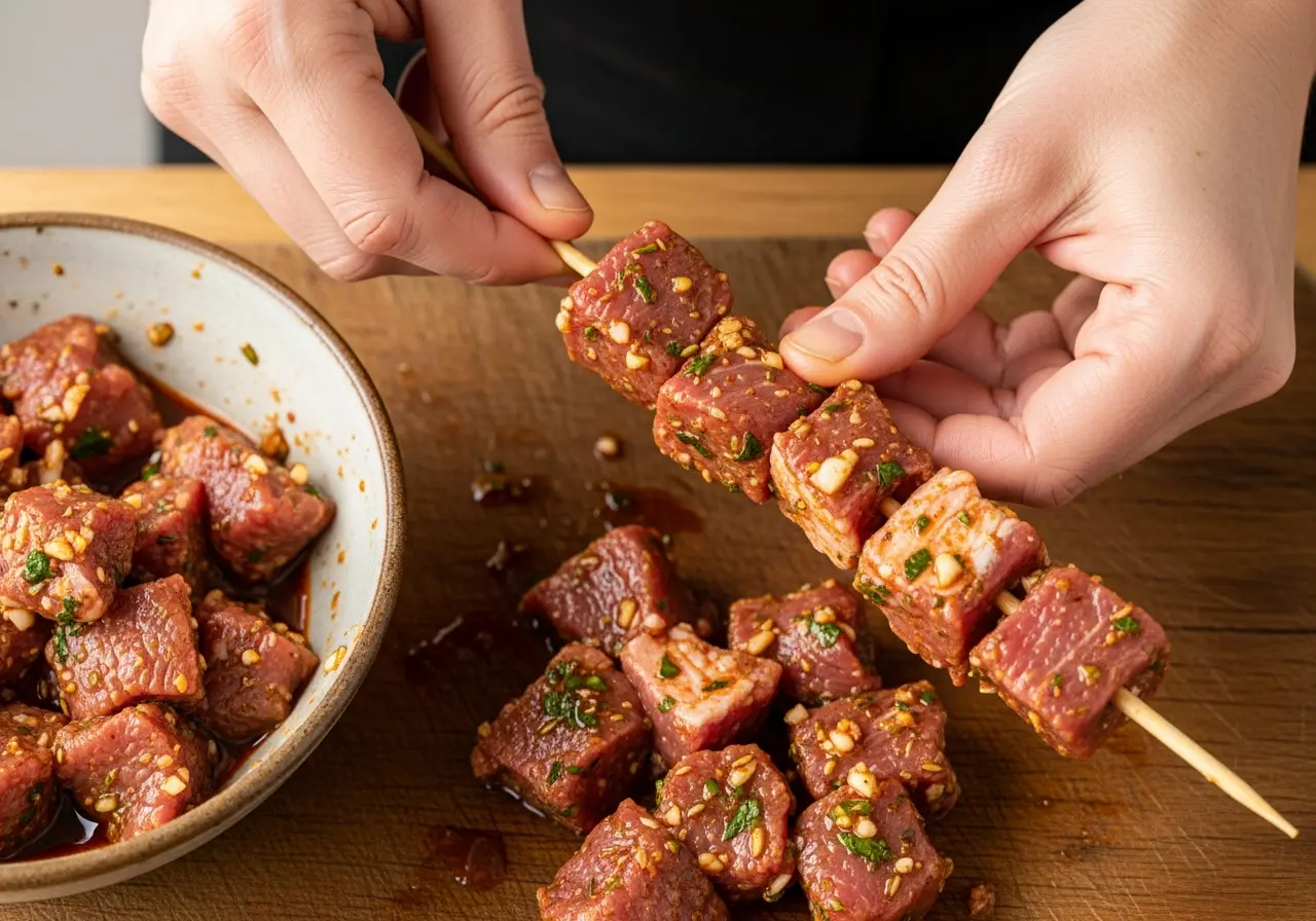 Skewering marinated lamb cubes for making kebabs.