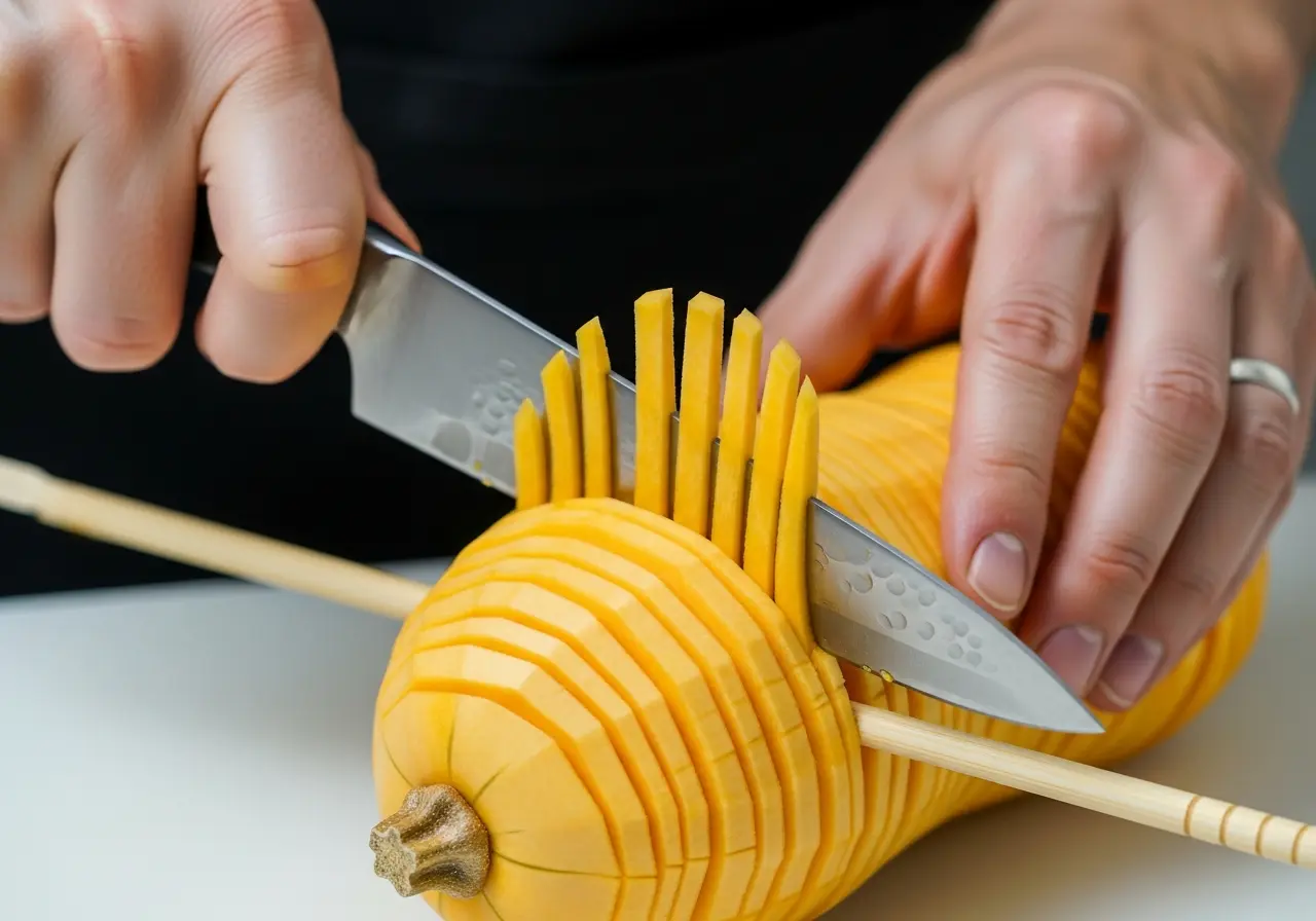 Using chopsticks as a guide to slice butternut squash for Hasselback roasting method.