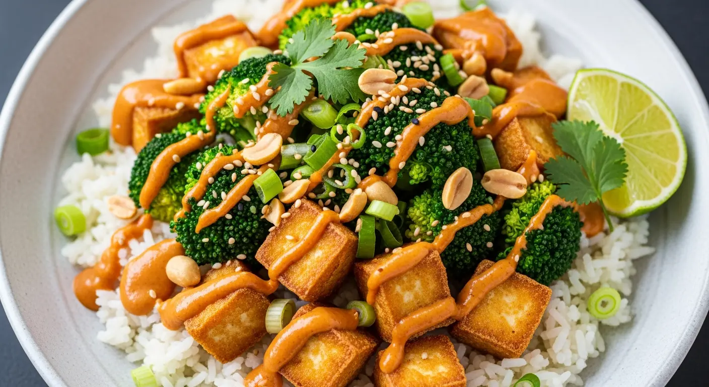 Colorful Spicy Peanut Tofu Broccoli Rice Bowl