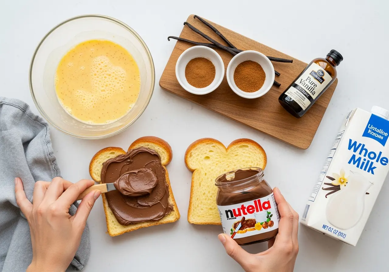 Hands spreading creamy Nutella on thick brioche bread to make stuffed French toast, with egg mixture and ingredients nearby.