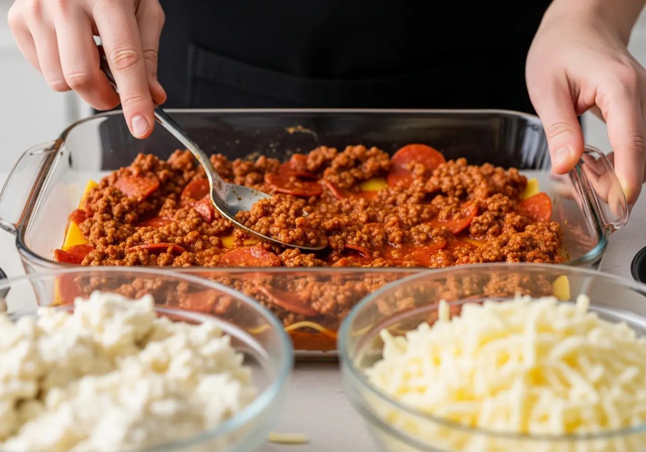 Hands layering meat sauce into a baking dish to assemble pepperoni pizza casserole.