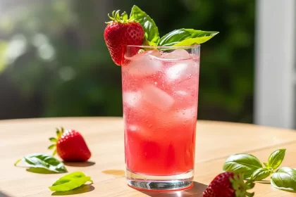 Summery strawberry basil mocktail with fresh fruit and herbs in a tall glass over ice.