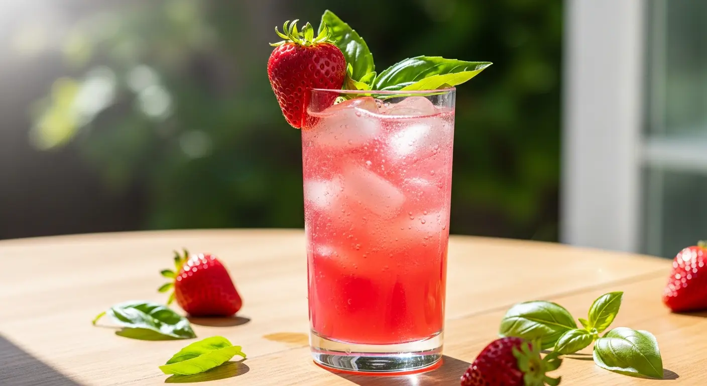 Summery strawberry basil mocktail with fresh fruit and herbs in a tall glass over ice.