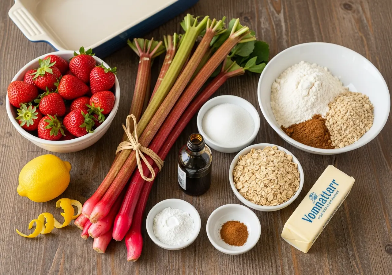 Ingredients for strawberry rhubarb crumble: fresh strawberries, rhubarb, oats, flour, sugar, and butter.