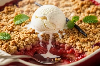 Classic Strawberry Rhubarb Crumble with Vanilla Ice Cream