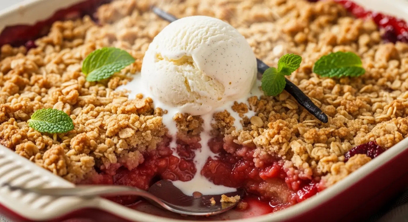 Classic Strawberry Rhubarb Crumble with Vanilla Ice Cream
