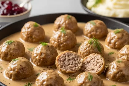 Swedish meatballs in creamy gravy served in a skillet, garnished with fresh dill.