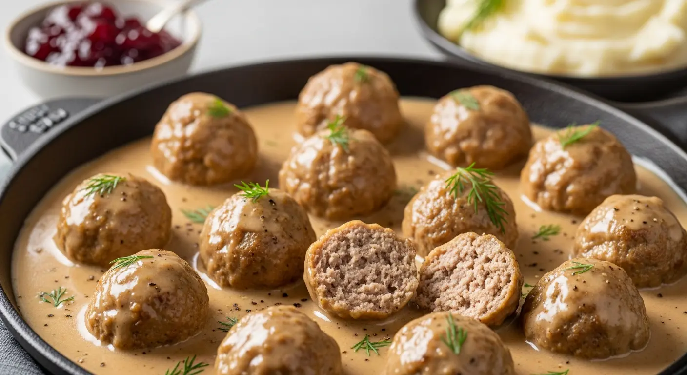 Swedish meatballs in creamy gravy served in a skillet, garnished with fresh dill.
