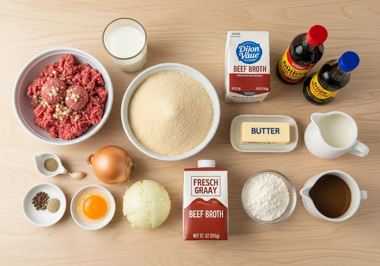 Ingredients for Swedish meatballs recipe: ground meat, breadcrumbs, spices, butter, cream, and broth.