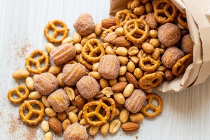Homemade sweet and salty churro snack mix with pretzels, nuts, and cinnamon sugar.