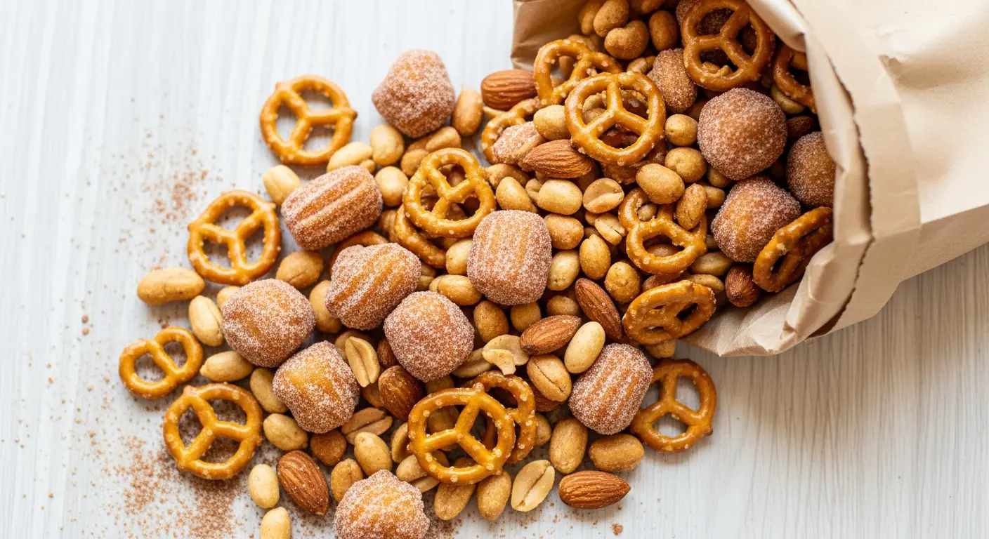 Homemade sweet and salty churro snack mix with pretzels, nuts, and cinnamon sugar.