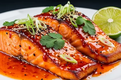 Perfectly glazed Thai sweet chili salmon fillet with crispy skin, garnished with sesame seeds and lime.