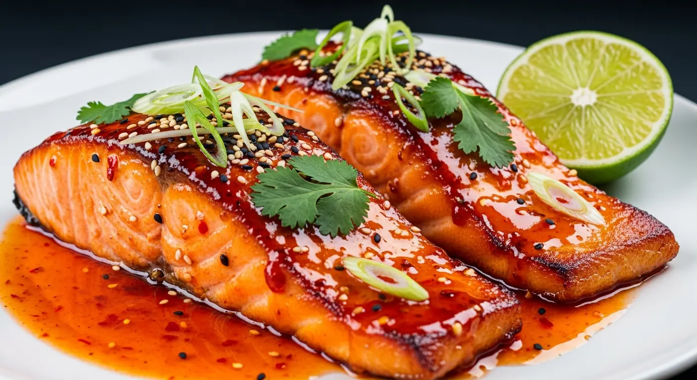 Perfectly glazed Thai sweet chili salmon fillet with crispy skin, garnished with sesame seeds and lime.