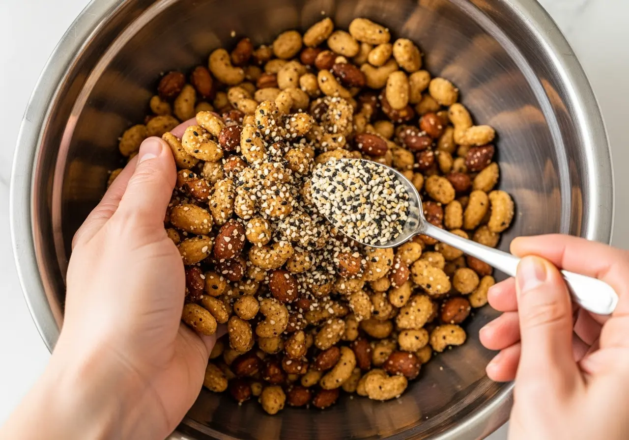 Coating raw mixed nuts with oil and everything bagel seasoning in a mixing bowl.