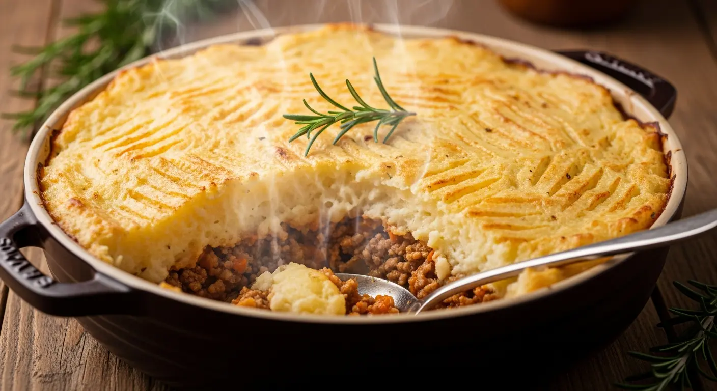 Classic homemade shepherd's pie with golden mashed potato crust and lamb filling in a baking dish.