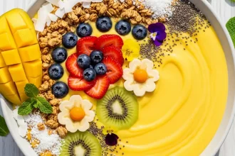 Bright yellow mango smoothie bowl topped with granola, fresh berries, kiwi, banana, and coconut flakes.