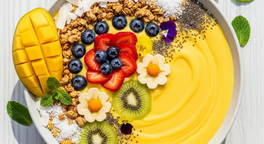 Bright yellow mango smoothie bowl topped with granola, fresh berries, kiwi, banana, and coconut flakes.
