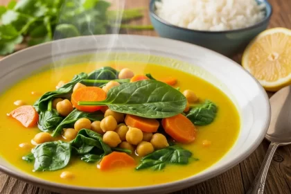 Vibrant golden turmeric stew with chickpeas and spinach, served in a rustic bowl.