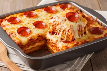 Ultimate pepperoni pizza casserole with golden melted cheese in a baking dish, showing layers of pasta, sauce, and pepperoni.