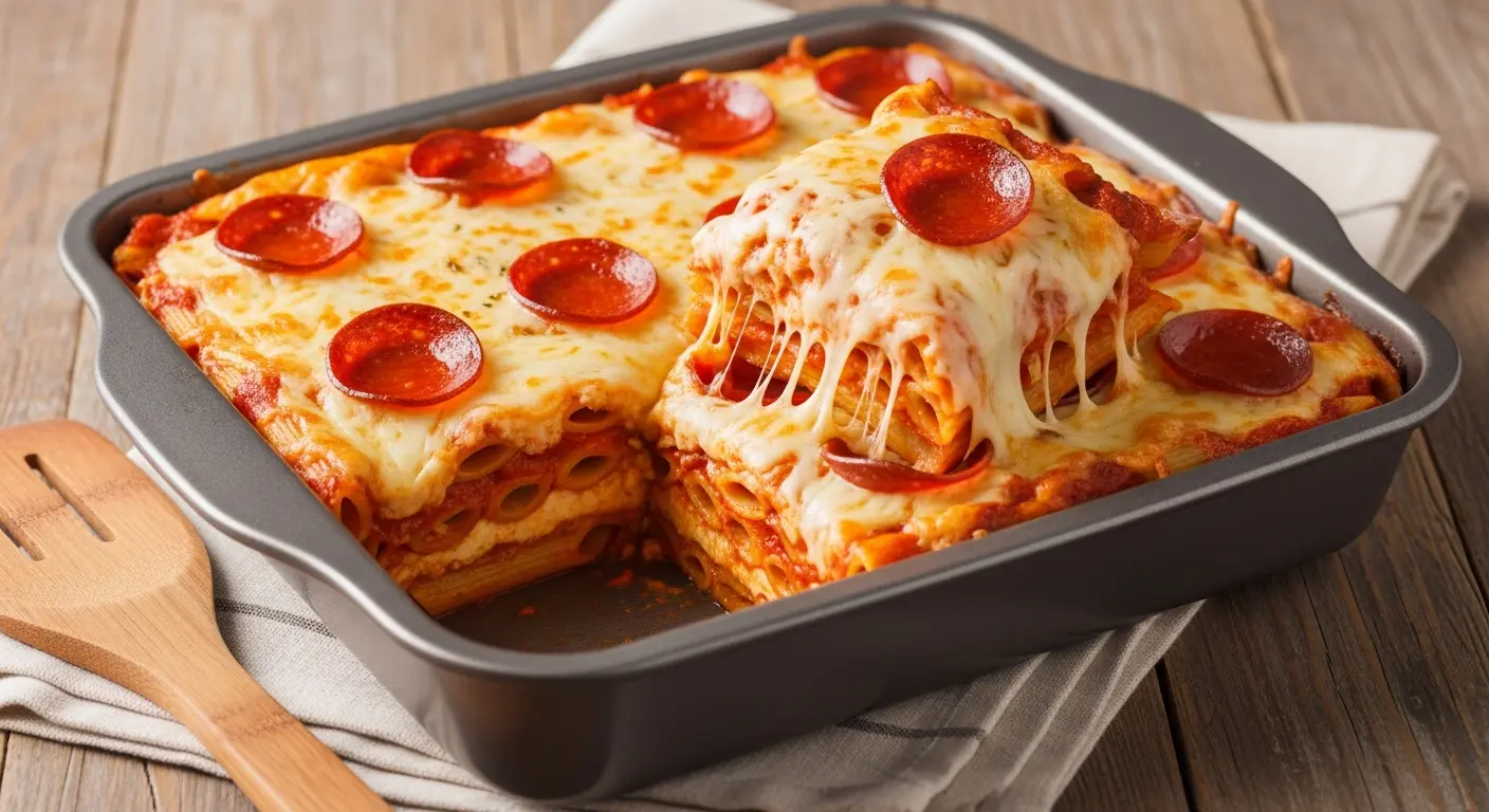 Ultimate pepperoni pizza casserole with golden melted cheese in a baking dish, showing layers of pasta, sauce, and pepperoni.