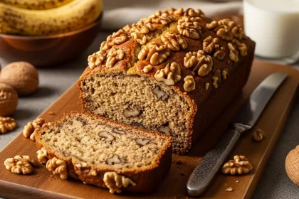 Freshly baked classic banana bread loaf with walnuts, sliced open to show moist interior on a wooden board.