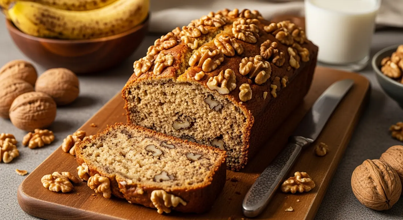Freshly baked classic banana bread loaf with walnuts, sliced open to show moist interior on a wooden board.