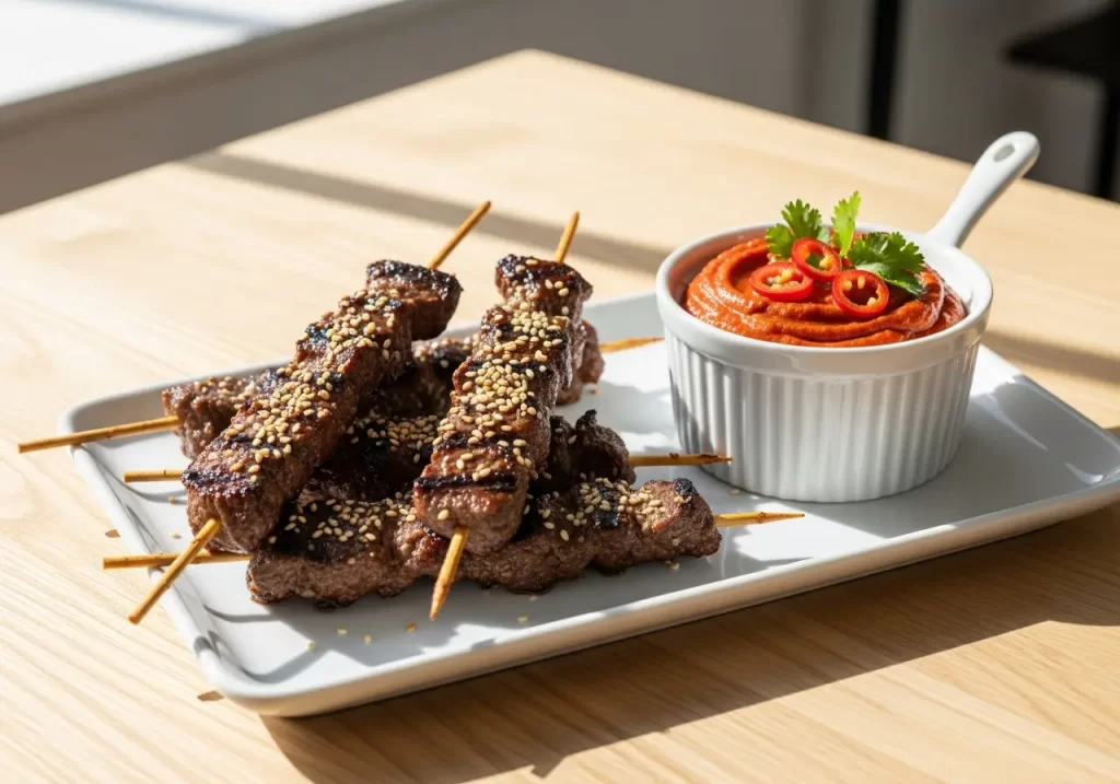 Savor Asian Beef Skewers Paired with a Fiery Spicy Dip