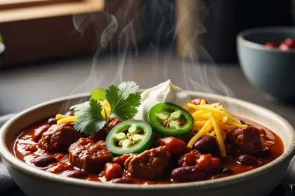 Award-winning slow-cooked beef chili with tender beef, beans, and rich spices in a rustic bowl
