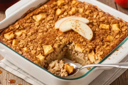 Apple cinnamon baked oatmeal in a dish with a golden top and visible apple chunks.