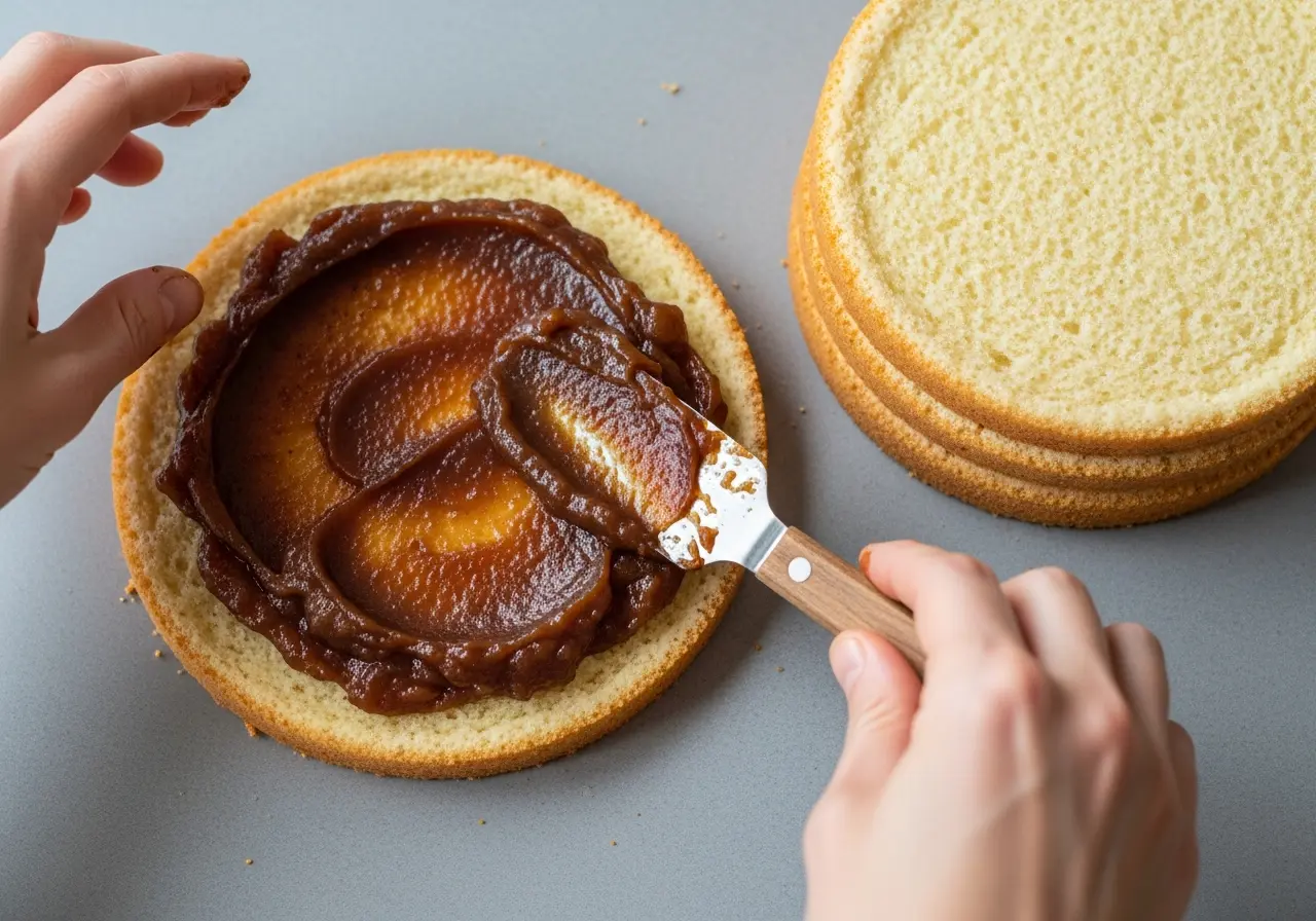Assembling apple stack cake by layering spiced apple filling between thin cake rounds.
