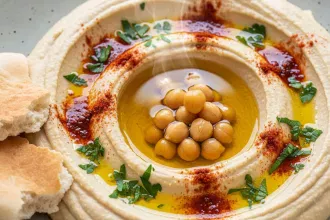 Creamy Lebanese hummus in a bowl drizzled with olive oil and paprika, served with fresh pita bread.