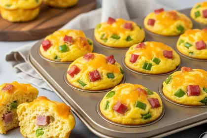Baked Denver omelet muffins in a muffin tin, showing fluffy eggs, peppers, ham, and cheese.