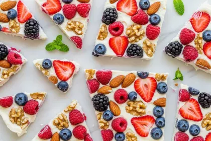 Homemade frozen yogurt bark topped with mixed berries and nuts on a marble surface.