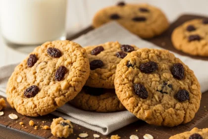 Homemade chewy oatmeal raisin cookies on a wooden board with a glass of milk.