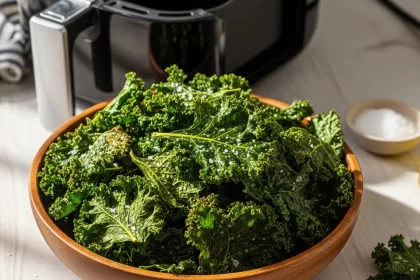 Crispy homemade kale chips made in an air fryer, lightly salted, served in a rustic wooden bowl.