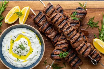 Grilled lamb kebabs on skewers served with a bowl of tzatziki sauce and lemon.