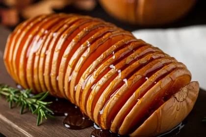 Beautiful roasted Hasselback butternut squash with caramelized edges and maple glaze.