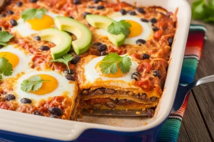 Huevos rancheros breakfast casserole with layers of tortillas, beans, cheese, and sauce.