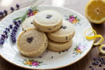 Delicate lavender shortbread cookies dusted with powdered sugar and garnished with fresh lavender sprigs.