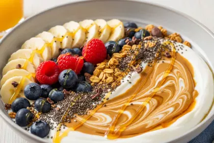 Ultimate peanut butter banana breakfast bowl with yogurt, fresh berries, granola, chia seeds, and honey drizzle.