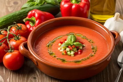 Vibrant classic Spanish gazpacho in a terracotta bowl with fresh ripe tomatoes, cucumber, bell pepper, and olive oil, garnished with herbs. A refreshing cold tomato soup recipe.