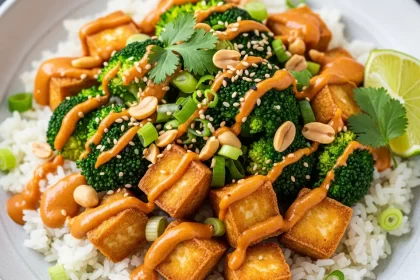 Colorful Spicy Peanut Tofu Broccoli Rice Bowl
