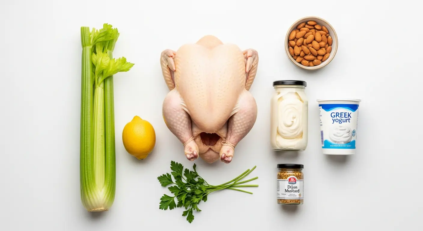 Ingredients for easy chicken salad: rotisserie chicken, Greek yogurt, celery, lemon, and almonds.