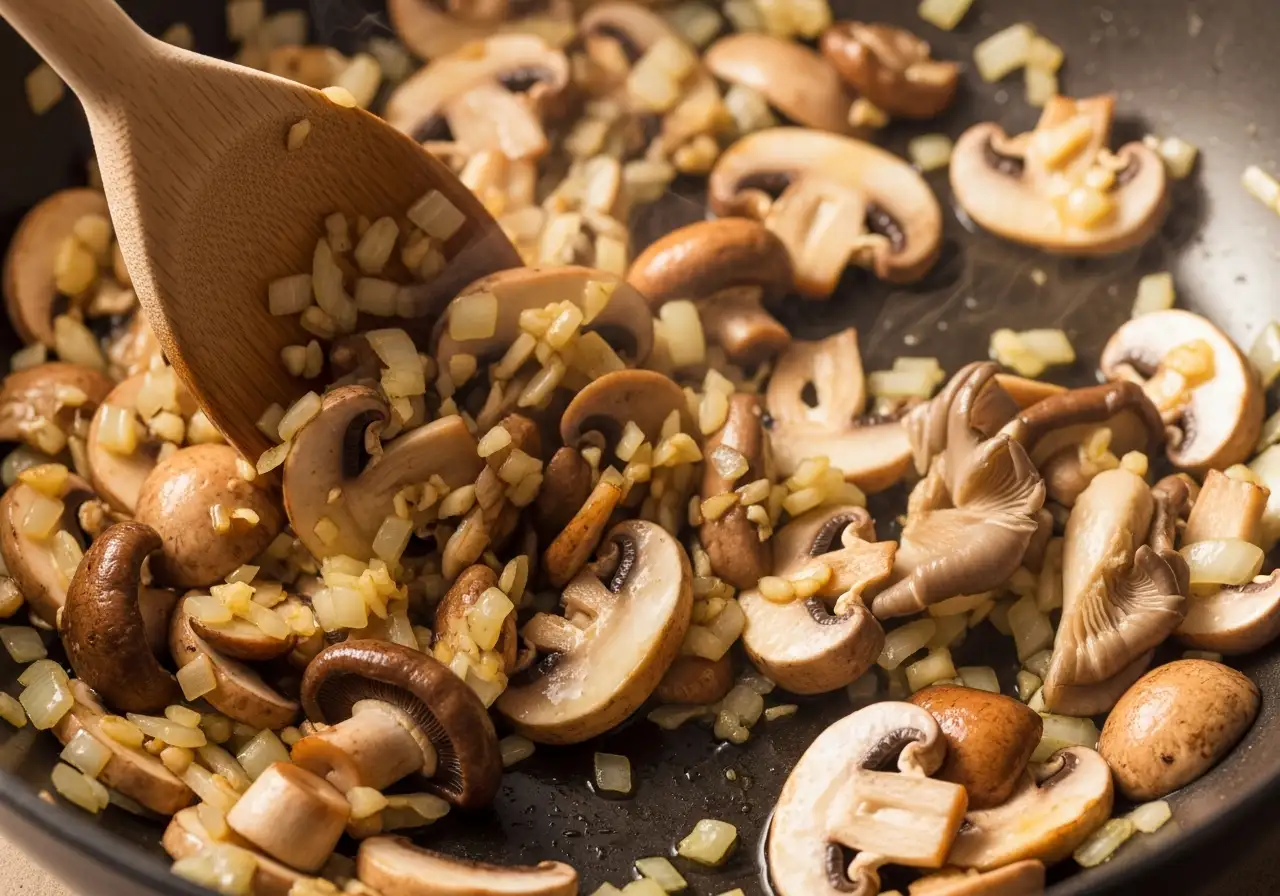 Cooking mixed mushrooms, onions, and garlic for creamy soup.