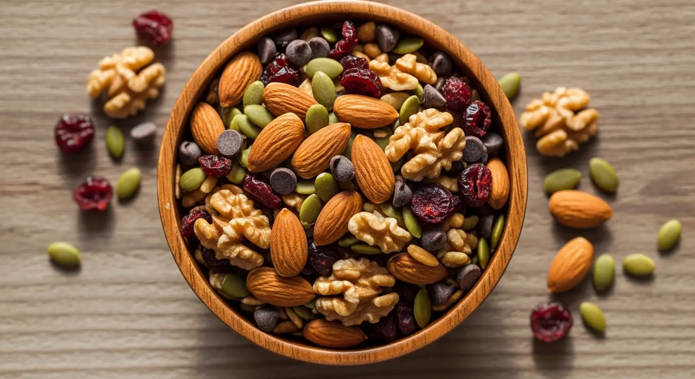 Colorful homemade trail mix with almonds, walnuts, seeds, cranberries, and chocolate in a rustic bowl.