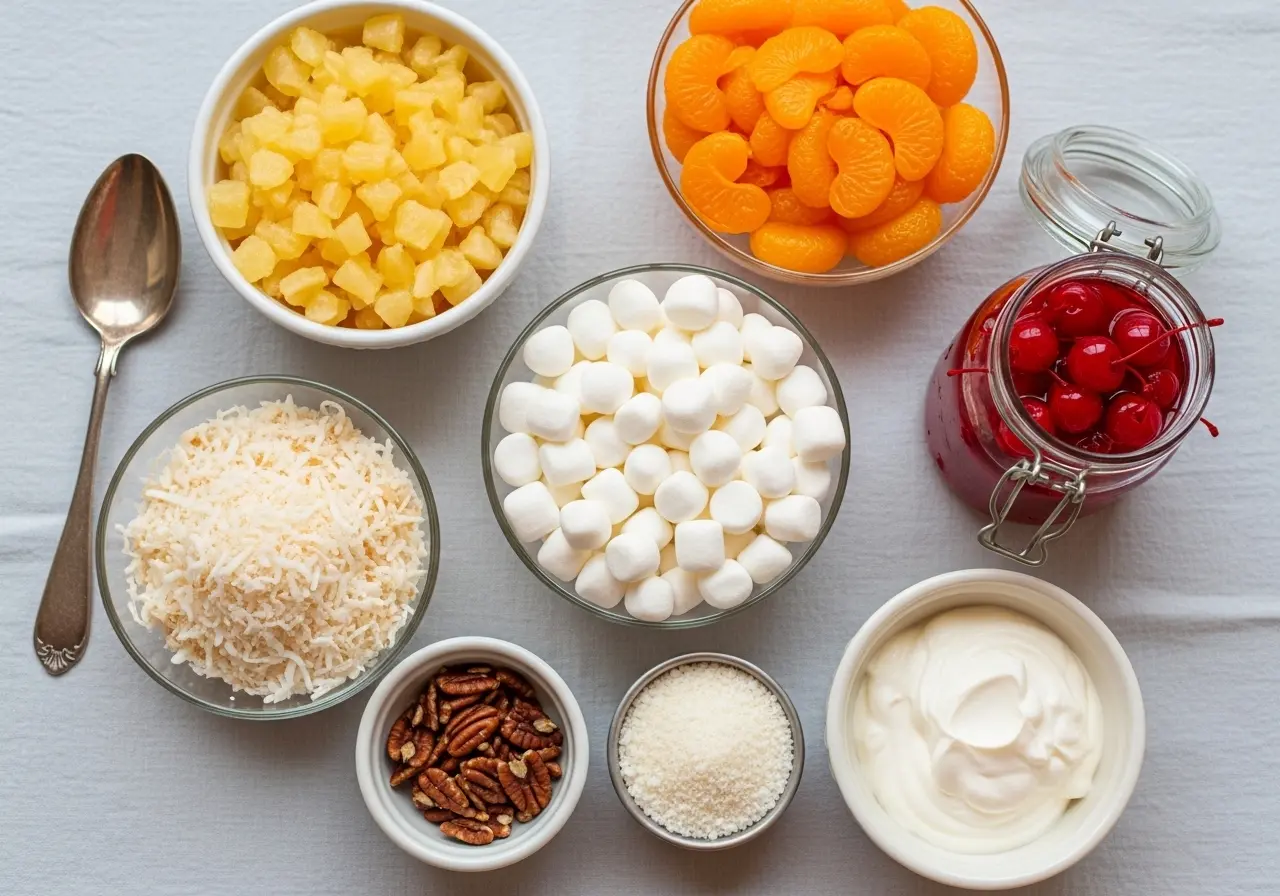Ingredients for ambrosia salad: canned pineapple, mandarin oranges, mini marshmallows, shredded coconut, pecans, and sour cream.