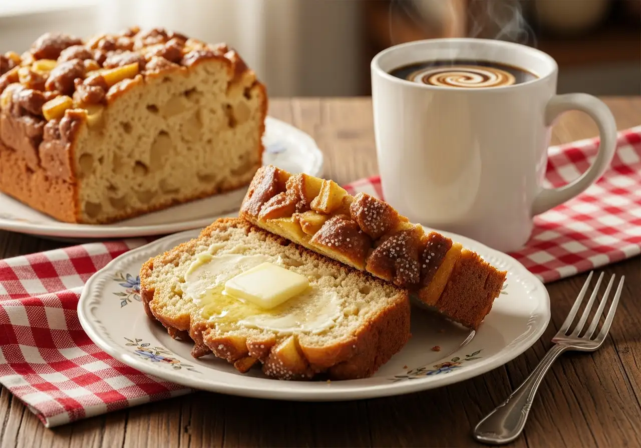 Slices of apple fritter bread served with butter and a hot cup of coffee for breakfast.